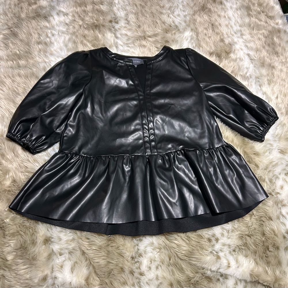Black Faux Leather Peplum Blouse